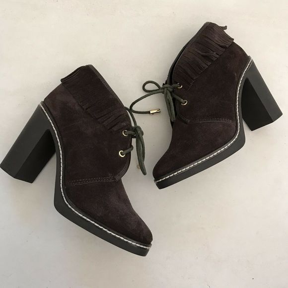 Tory Burch Hilary Suede Fringe Fur Lined Lace Up Chunky Booties FLAW